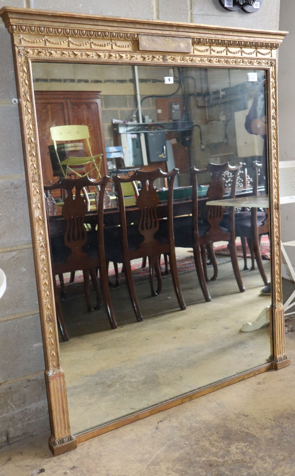A Victorian giltwood and gesso Adam design overmantel mirror, W.112cm, H.140cm